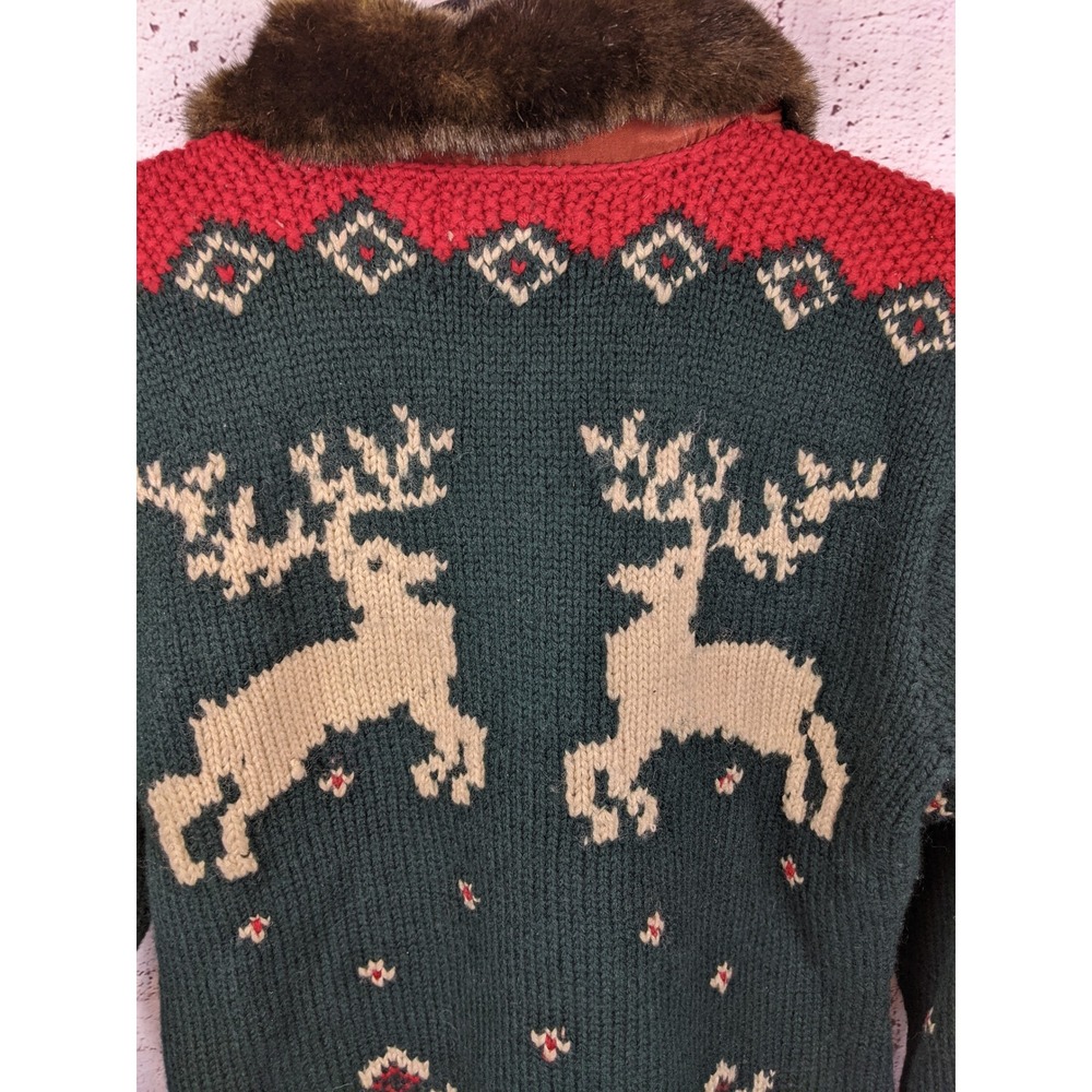 Lauren Ralph Lauren Hand Knit Wool Reindeer Faux Fur Zip Cardigan Green Red M - Picture 6 of 8
